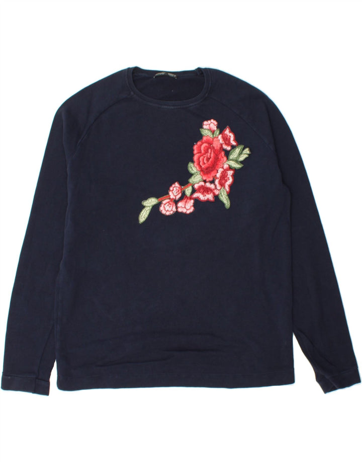 ZARA Womens Oversized Sweatshirt Jumper UK 10 Small Navy Blue Floral Vintage Zara and Second-Hand Zara from Messina Hembry 