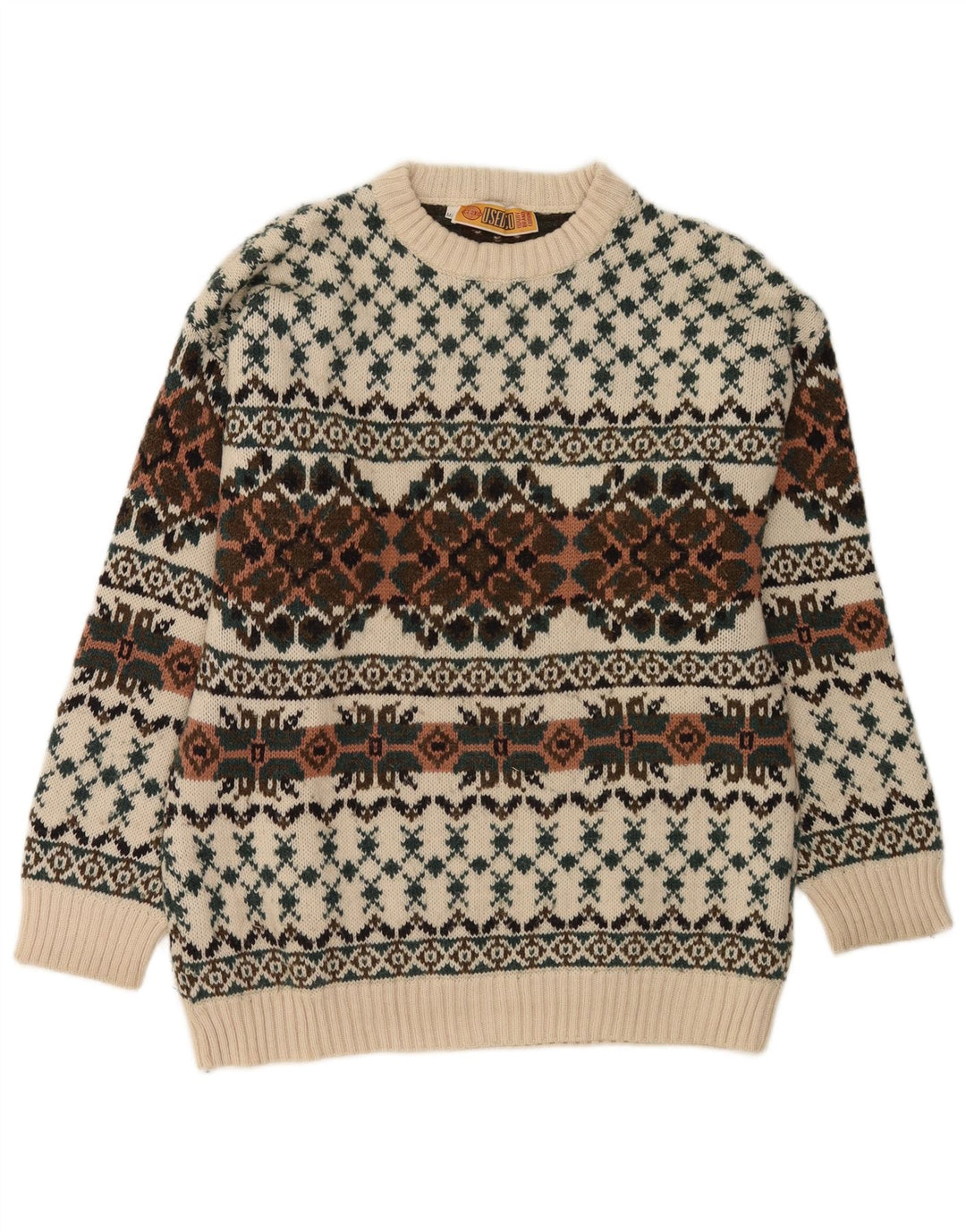 Pulover vintage pentru bărbați cu gât roșu IT 50 Medium White Fair Isle Lână