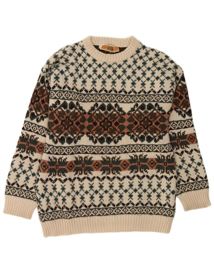 Pulover vintage pentru bărbați cu gât roșu IT 50 Medium White Fair Isle Lână
