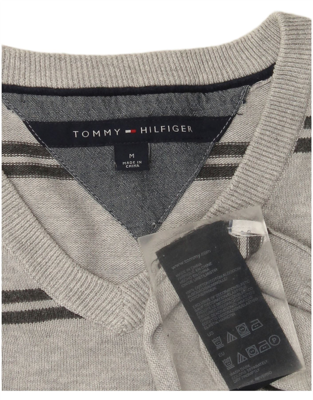 Pulover Tommy Hilfiger pentru bărbați, cu decolteu în V, din bumbac cu dungi, gri mediu