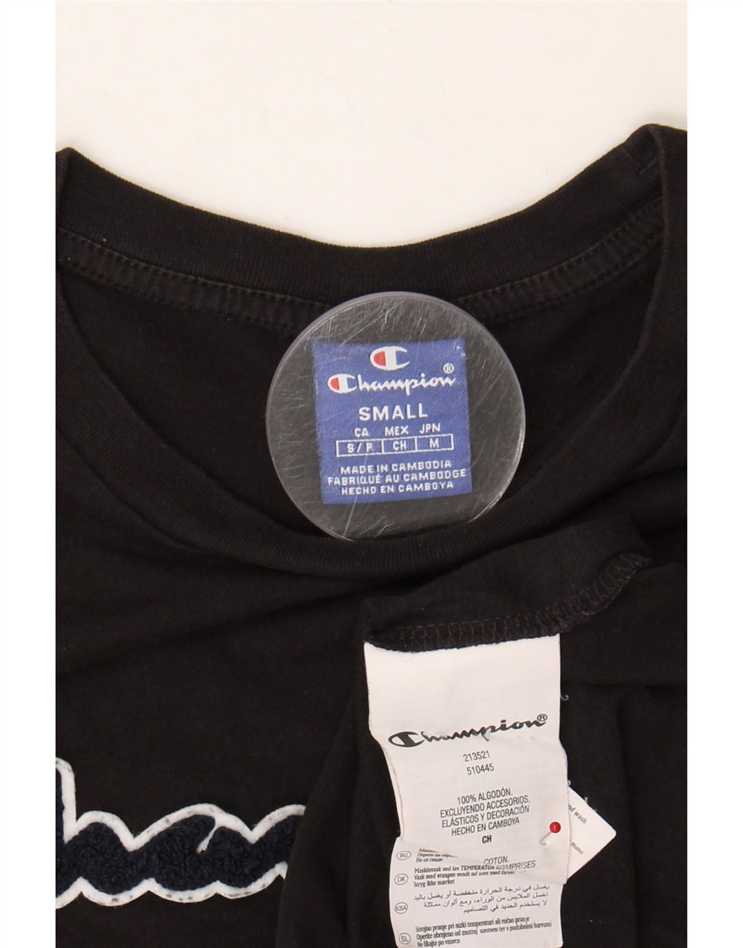CHAMPION Mens Graphic T-Shirt Top Small Black Cotton Vintage Champion and Second-Hand Champion from Messina Hembry 