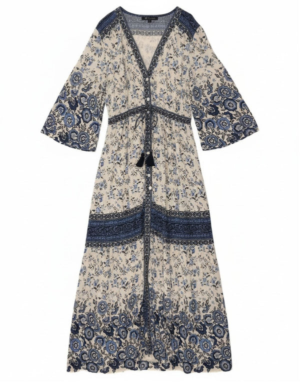 Crew Clothing Rochie maxi cu maneci 3/4 pentru femei UK 14 Medium Blue Floral Modal