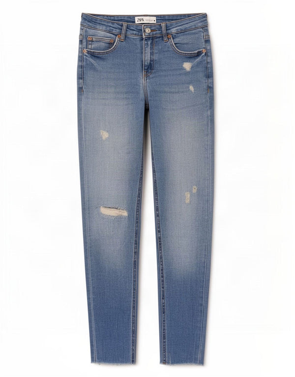 Blugi Slim Crop Distressed pentru Damă Zara EU 38 Mici L28 L25 Albastru