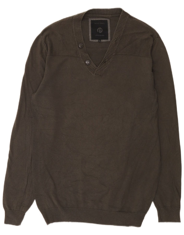 Jack & Jones Pulover cu decolteu în V pentru bărbați, bumbac mare, gri