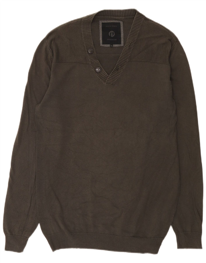 Jack & Jones Pulover cu decolteu în V pentru bărbați, bumbac mare, gri