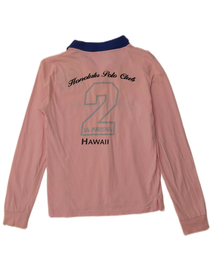 LA MARTINA Tricou polo cu mânecă lungă cu grafic Hawaii pentru femei UK 12 Roz mediu