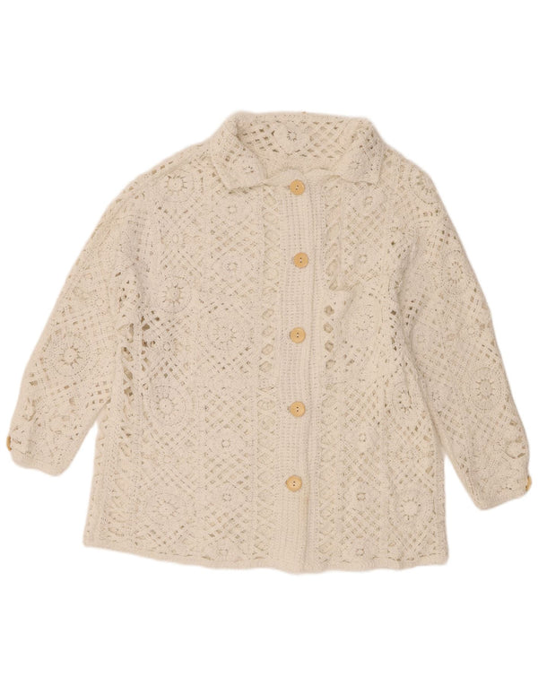 Pulover vintage cardigan croșetat cu mâneci 3/4 pentru femei UK 18 XL bumbac alb