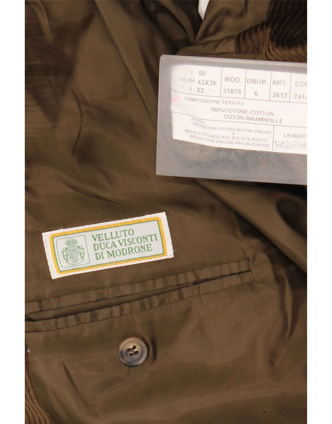 Velluto Duca Visconti Jachetă pentru bărbați din velur cu 3 nasturi, UK 42 XL Kaki