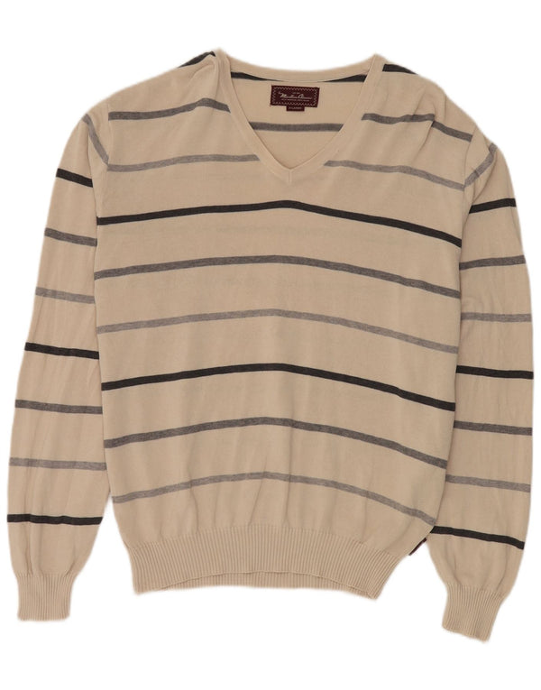 Marlboro Classics Mens V-Neck Jumper Sweater XL Off White Striped Cotton
