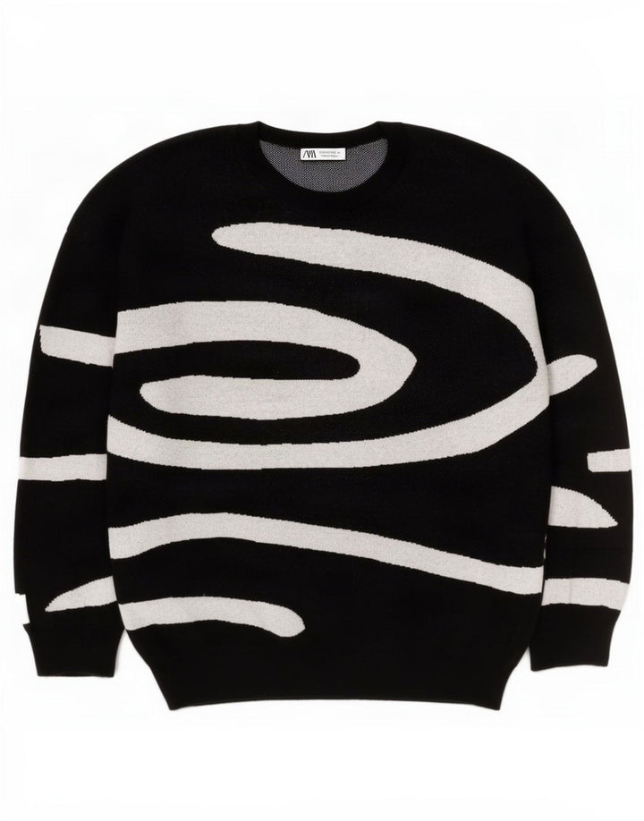 Pulover pentru bărbați Zara, cu model abstract, cu gât roșu, bumbac mare, negru