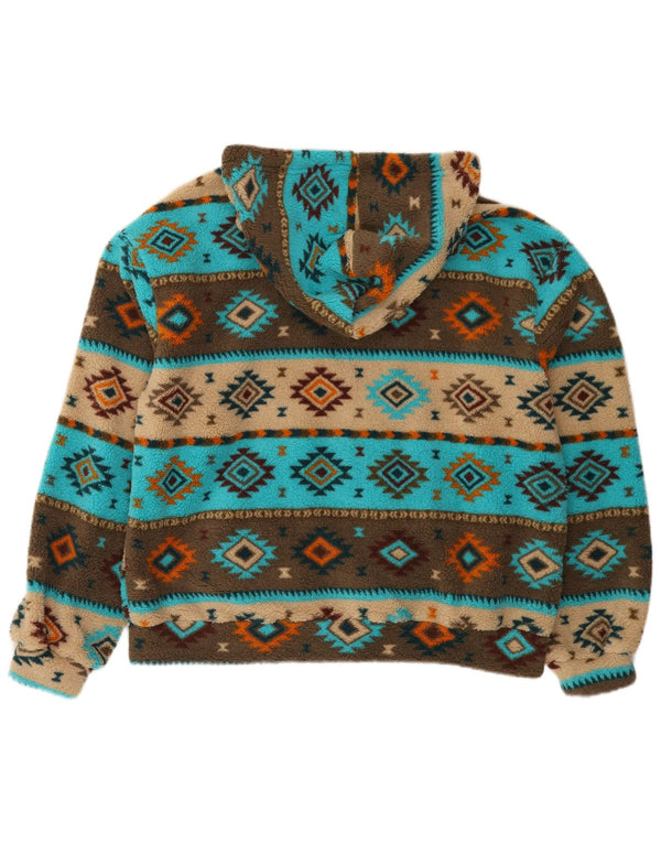 Jachetă fleece supradimensionată pentru femei cu glugă vintage UK 16 mare albastru geometric