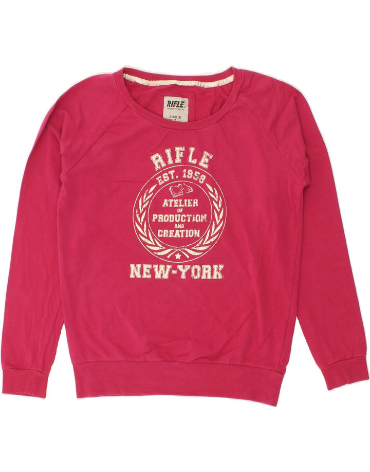 RIFLE Womens Graphic Sweatshirt Jumper UK 12 Medium Pink Cotton Vintage Rifle and Second-Hand Rifle from Messina Hembry 