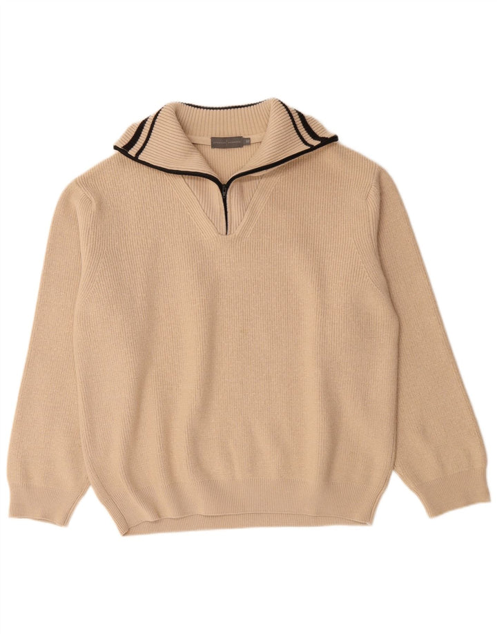 Pulover VINTAGE pentru bărbați, cu fermoar, cu gât, IT 52, lână merinos, bej mare