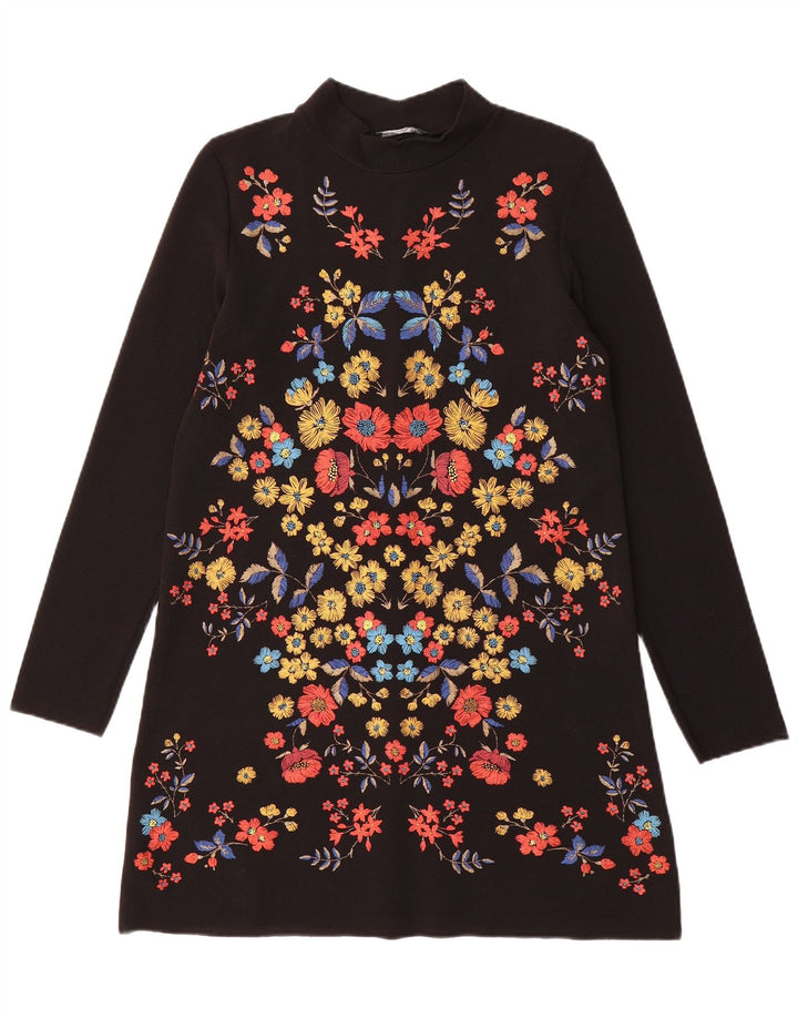 Rochie schimbătoare cu mânecă lungă pentru femei Zara UK 10, poliester, floral, negru