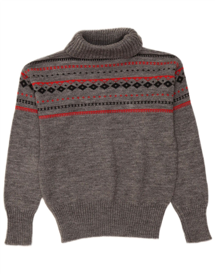 Pulover vintage pentru femei cu gât rulat, UK 12, gri mediu Fair Isle