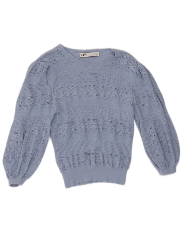 Zara Womens Crop 3/4 Sleeve Boat Neck Jumper Sweater UK 14 Large Blue