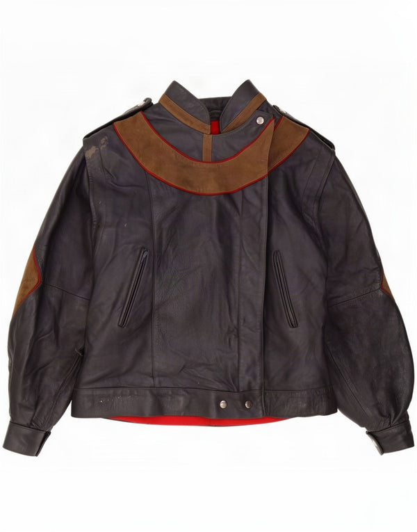 Vintage Womens Military Leather Jacket UK 12 Medium Black Colorblock