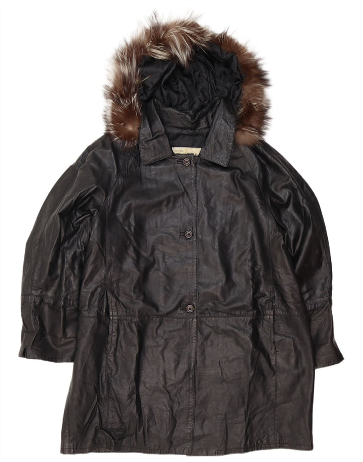 Palton de piele supradimensionat pentru femei cu glugă vintage IT 48 XL din piele neagră