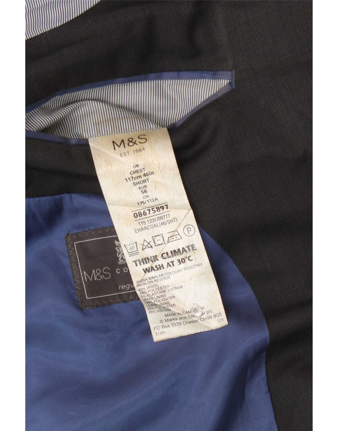Jachetă pentru bărbați Marks & Spencer, cu 2 nasturi, cu ajustare normală, UK 46 XL, lână gri