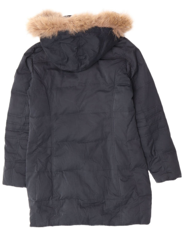 Conte of Florence Womens Hooded Padded Coat IT 46 Large Navy Blue Polyester