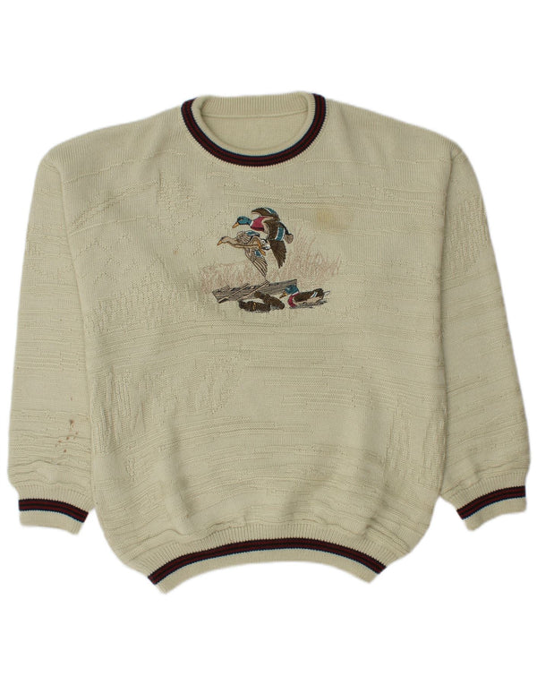 Pulover vintage pentru bărbați cu decolteu rotund cu grafică UK 46/48 2XL bej acrilic