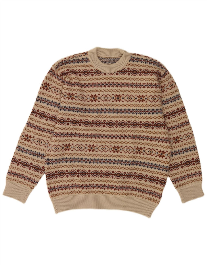 Pulover vintage pentru bărbați cu decolteu rotund, mediu bej, Fair Isle