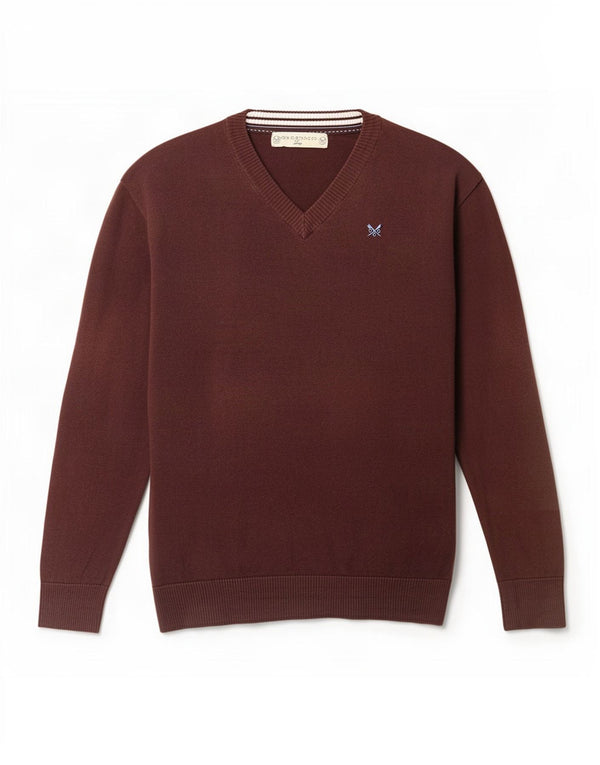 Crew Clothing Mens V-Neck Jumper Sweater Large Brown Cotton