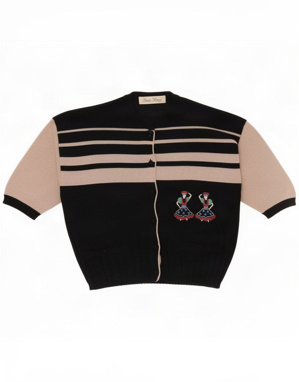 Vintage Pulover Cardigan cu mânecă scurtă pentru femei UK 14 Medium Black Striped
