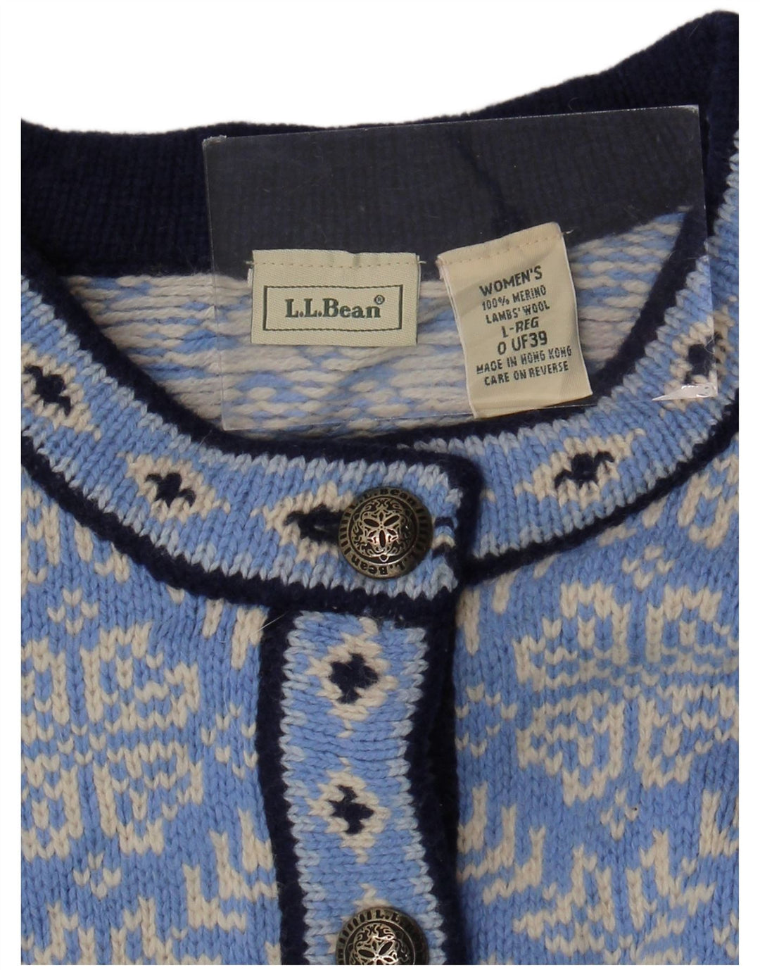 Pulover cardigan pentru femei L.L.BEAN UK 16 mare, albastru, lână merinos Fair Isle