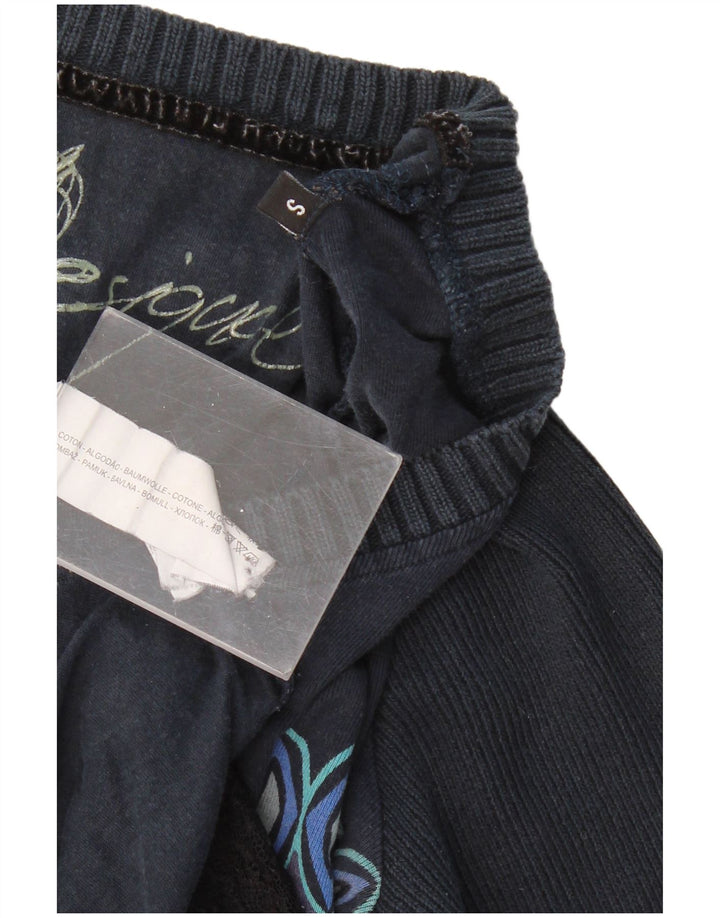 DESIGUAL Pulover cu decolteu în V cu grafic pentru femei UK 8 Mic albastru marin Floral