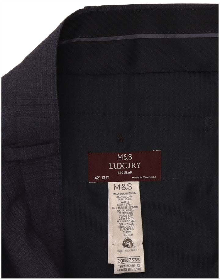 Pantaloni de costum obișnuiți pentru bărbați Marks & Spencer L42 L29 Lână cu carouri bleumarin