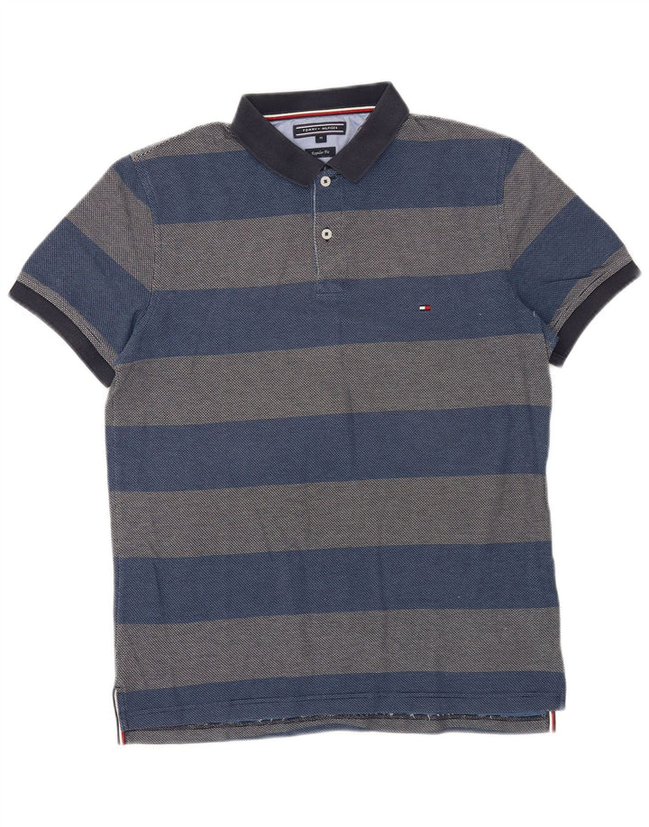 Cămașă polo Tommy Hilfiger pentru bărbați, cu formă normală, din bumbac cu dungi albastre medii