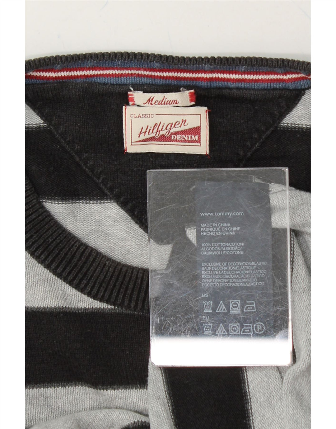 TOMMY HILFIGER Mens Crew Neck Jumper Sweater Medium Black Striped Cotton Vintage Tommy Hilfiger and Second-Hand Tommy Hilfiger from Messina Hembry 