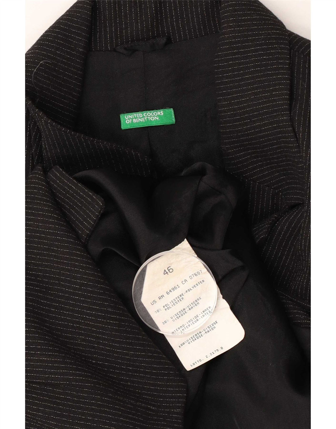 Jachetă Benetton pentru femei, cu 3 nasturi, IT 46, mare, neagră, cu dungi