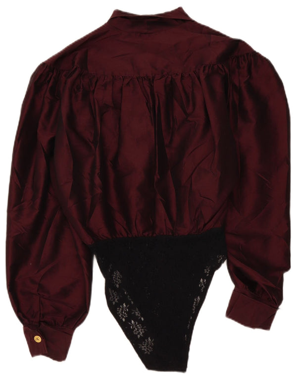 Cămașă vintage pentru femei cu mânecă lungă, UK 16, mare Burgundy Colorblock