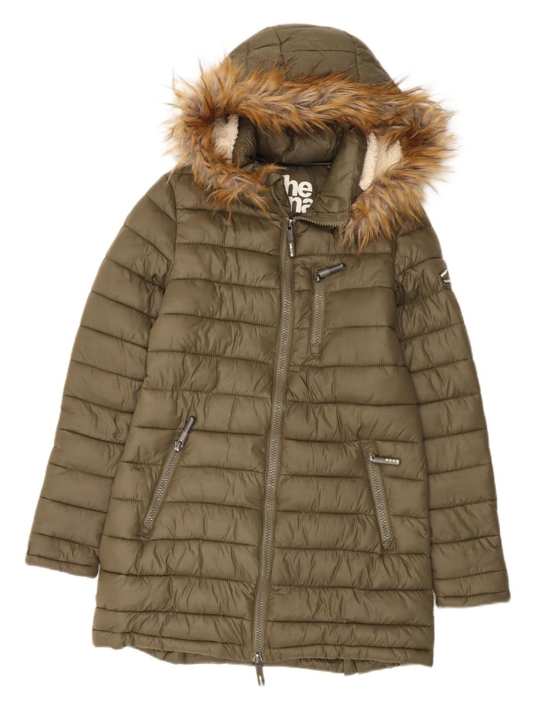 Palton căptușit cu glugă Superdry pentru femei UK 14 Medium Khaki Nylon
