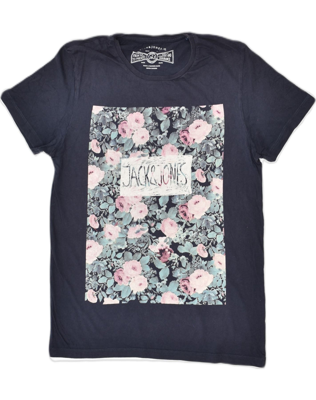 JACK & JONES Mens Graphic T-Shirt Top Medium Navy Blue Floral Cotton | Vintage | Thrift | Second-Hand | Used Clothing | Messina Hembry 